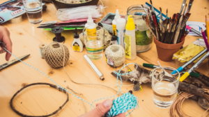 Craft supplies on a table.
