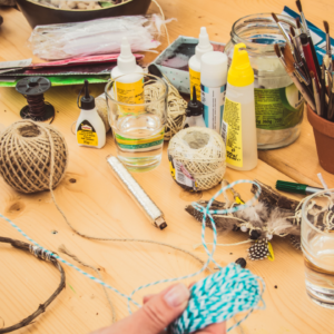 Craft supplies on a table.