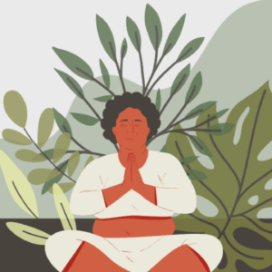 Illustration of a woman sitting cross-legged with her hands together at her heart and her eyes closed.