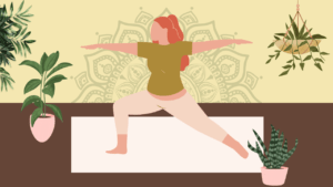 Illustration of a woman in Warrior Two pose on a yoga mat surrounded by plants.